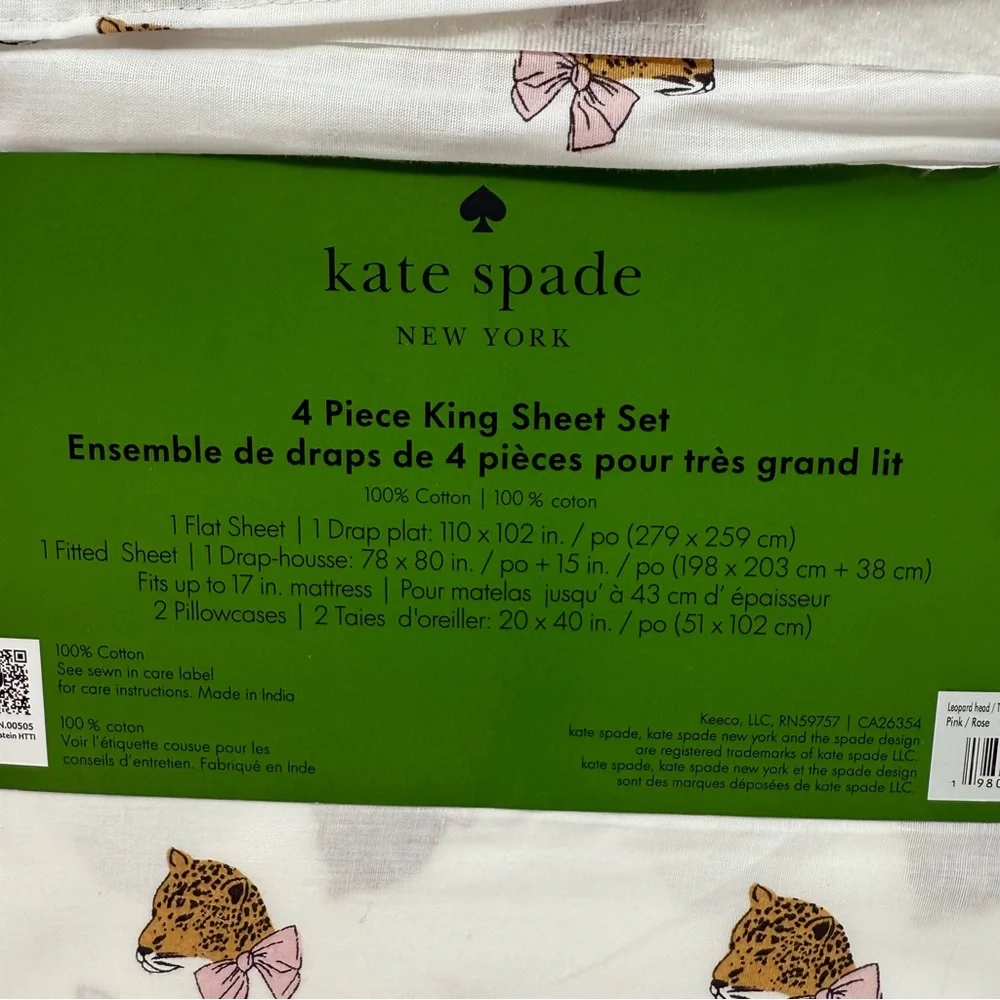 Kate Spade King Size CHEETAH LEOPARD Cotton Sheet Set cool crisp cotton New